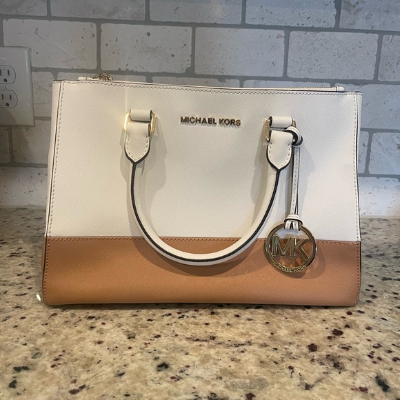 Michael Kors Medium Sutton Satchel Two-Tone White and Tan Satchel - Picture 1 of 7